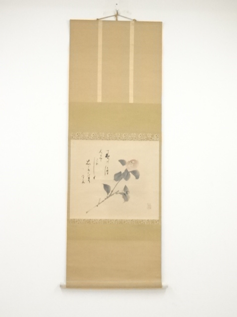 JAPANESE HANGING SCROLL / HAND PAINTED / CAMELLIA & HAIKU POEM